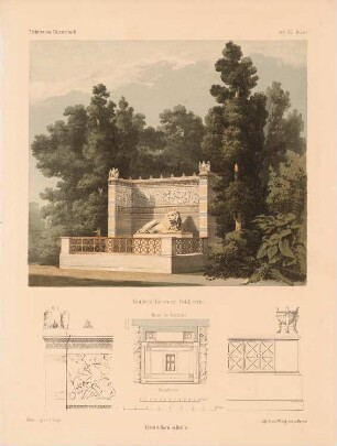 Grabmal eines Feldherrn: Grundriss, Perspektivische Ansicht, Details (aus: Architektonisches Skizzenbuch, H. 16, 1854)