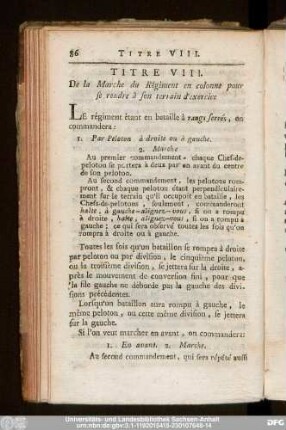 Titre VIII. De la Marche du Régiment en colonne pour se rendre à son d'exercice