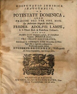 Disputatio Iuridica Inauguralis, De Potestate Dominica