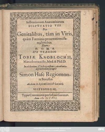 Institutionum Anatomicarum Disputatio VIII. De Genitalibus, tam in Viris, quam Foeminis procreationi famulantibus