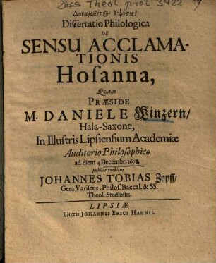 Dissertatio Philologica De Sensu Acclamationis Hosanna
