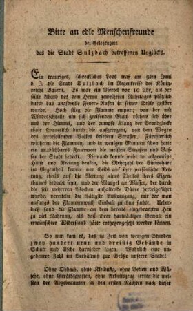 Bitte an edle Menschenfreunde bey Gelegenheit des die Stadt Sulzbach betroffenen Unglücks