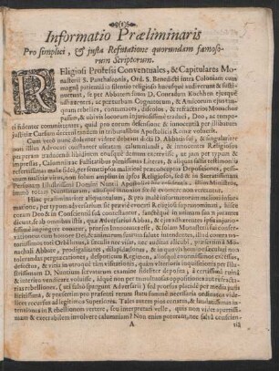 Informatio Præliminaris Pro simplici, & iusta Refutatione quorundam famosorum Scriptorum