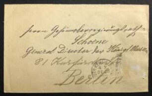 Briefkuvert mit Notiz zum Brief, Heinrich Schliemann an Richard Schöne, datiert Poststempel 29.12.1880