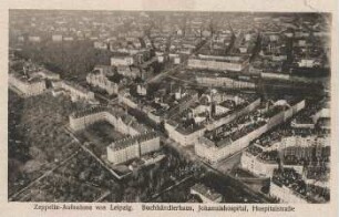 Zeppelin-Aufnahme von Leipzig ; Buchhändlerhaus, Johannishospital, Hospitalstraße