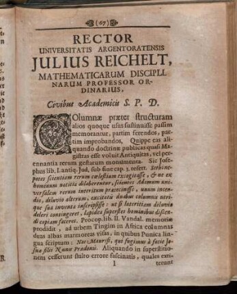 Rector Universitatis Argentoratensis Julius Reichelt, Mathematicarum Disciplinarum Professor Ordinarius, Civibus Academicis S.P.D.