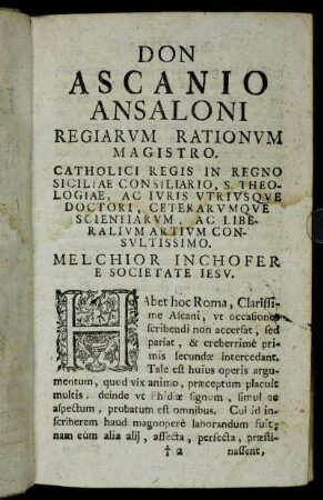 [Epistola Dedicatoria.] Don Ascanio Ansaloni Regiarum Rationum Magistro.