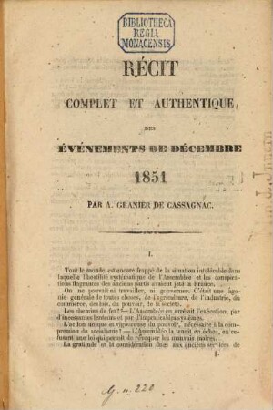 Récit complet et authentique des événements de décembre 1851 à Paris et dans les départements