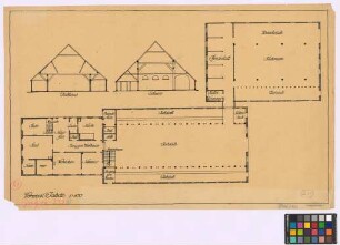 Jade (Landkreis Wesermarsch): Vorwerk. - Wohnteil (Grundriss). - zwei Stallteile (Grundriss). - Viehhaus (Querschnitt). - Scheune (Querschnitt)