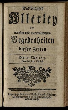 Den 17. May 1757. Zwanzigstes Stück.