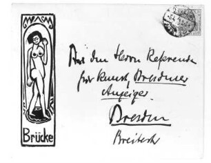 Briefumschlag mit Vignette der Künstlergruppe Brücke : Kirchner, Ernst Ludwig. Briefumschlag mit Vignette der Künstlergruppe Brücke. Holzschnitt, Tinte; 13 x 18 cm. Dresden: Kupferstich-Kabinett A 1962-109