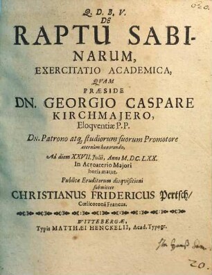De Raptu Sabinarum, Exercitatio Academica