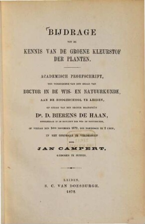 Bijdrage tot de kennis van de groene kleurstof der planten : Inaug. Diss.
