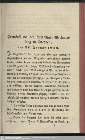 Protokoll bei der Vierteljahr-Versammlung zu Dresden, den 23. Januar 1840