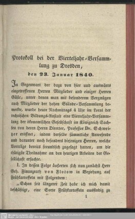 Protokoll bei der Vierteljahr-Versammlung zu Dresden, den 23. Januar 1840