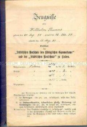 Zeugnisheft der Städtischen Vorschule des Königlichen Gymnasiums und der Städtischen Realschule zu Linden für Wilhelm Runne. Geführt von Ostern 1897 bis Ostern 1900.