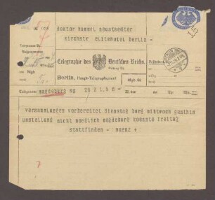 Telegramm von Ludwig Münz, Magdeburg, an Hermann Hummel: Versammlungen im Wahlkreis, 1 Telegramm