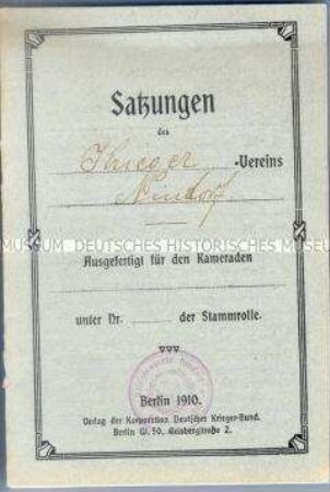 Satzung des Krieger-Vereins Nindorf, mit Bestätigung durch den Landrat in Neuhaus; Nindorf, 24. Juli 1910