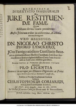 Dissertatio Inauguralis De Iure Restituendae Famae
