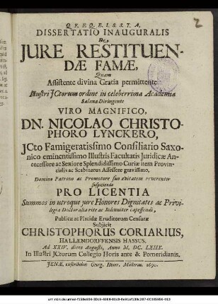 Dissertatio Inauguralis De Iure Restituendae Famae