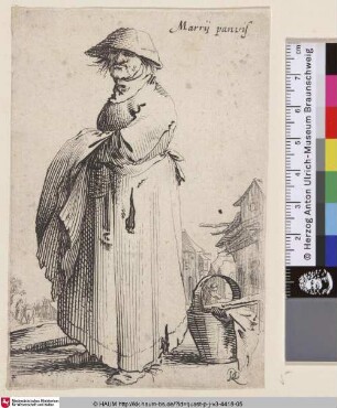 [Stehende Frau mit einem Korb neben sich; Standing woman turnes to left]