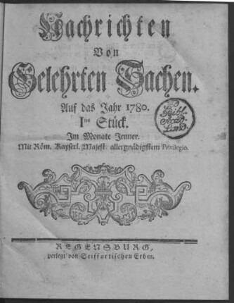 1780: Wöchentliche Nachrichten von gelehrten Sachen auf das Jahr 1780