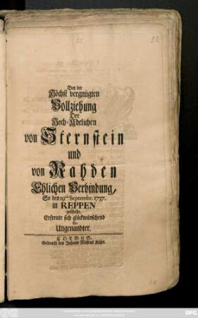 Bey der Höchst vergnügten Vollziehung Der Hoch-Adelichen von Sternstein und von Rahden Ehlichen Verbindung, So den 19ten Septembr. 1737. in Reppen geschahe, Erfreute sich glückwünschend Ein Ungenandter