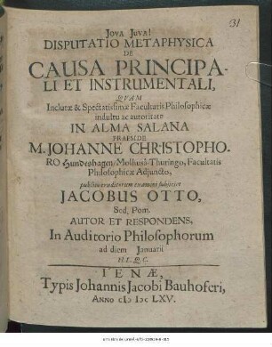Disputatio Metaphysica De Causa Principali Et Instrumentali
