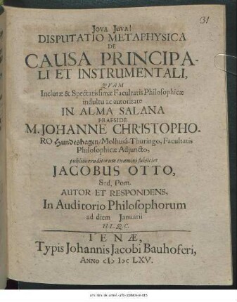Disputatio Metaphysica De Causa Principali Et Instrumentali