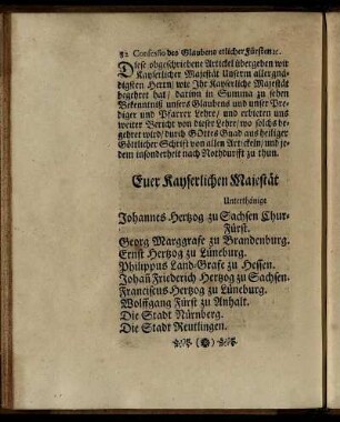 Confessio des Glaubens etlicher Fürsten.