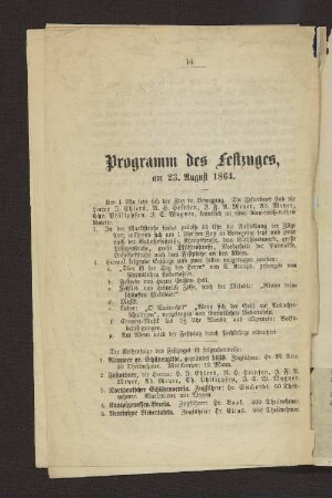 Programm des Festzuges, am 23. August 1864