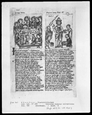 Speculum humanae salvationes — Textseite mit zwei Miniaturen, Folio 18verso