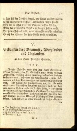 V. Gedanken über Vernunft, Aberglauben und Unglauben. an den Herrn Professor Stähelin. 1729