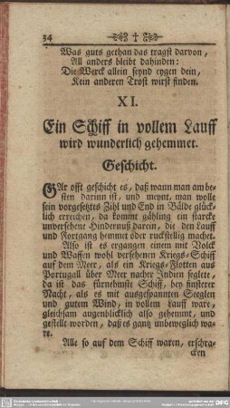 XI. Ein Schiff in vollem Lauff wird wunderlich gehemmet. Geschicht