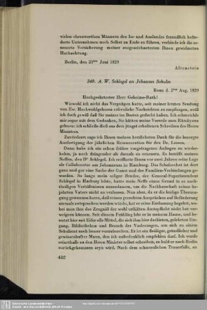August Wilhelm von Schlegel an Johannes Schulze, Bonn, 02.-06.08.1829