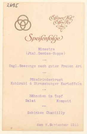 Menükarte : Menü, Essener Hof