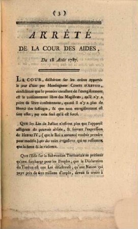 Arrêté De La Chambre Des Comptes De Paris, Du 17 Août 1787