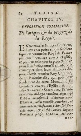 Chapitre IV. Exposition Sommaire De l'origine du progrez de la Regale.