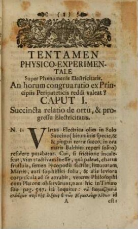 Tentamen Physico-Experimentale, In Principiis Peripateticis Fundatum, Super Phaenomenis Electricitatis