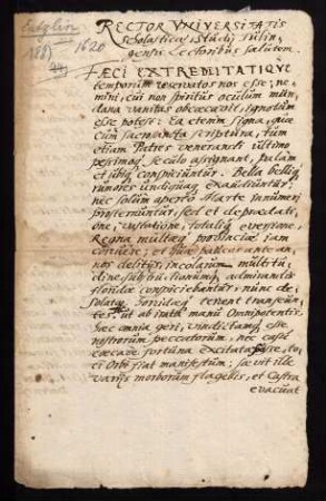 Todesanzeige des Matthäus Entzlinus aus Tübingen, 1620.