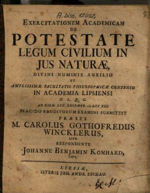 Exercitationem academicam de potestate legum civilium in jus naturae