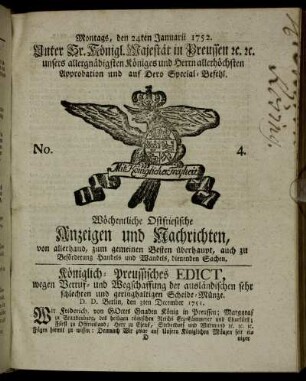 No. 4. Montags, den 24ten Januarii 1752.