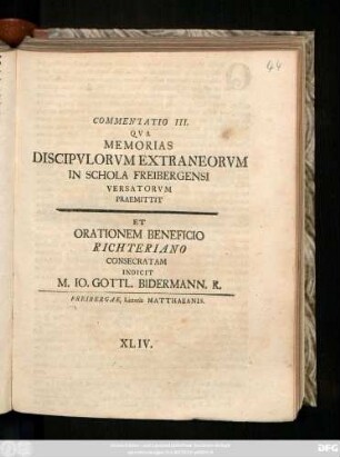 3: Commentatio ... Qva Memorias Discipvlorvm Extraneorvm In Schola Freibergensi Versatorvm Praemittit ...