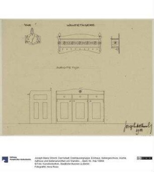 Darmstadt, Dreihäusergruppe, Eckhaus, Kellergeschoss, Küche, Aufrisse und Seitenansichten von Wandbord und Anrichte sowie Aufriss der Uhr
