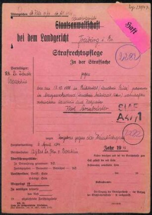 Angeklagter: Armbruster, Karl (Landwirt); Menzenschwand *17.10.1888 in Bühlertal; + ? Delikt: Vergehen gegen das Heimtückegesetz Tatort: Menzenschwand Tatzeit: Dezember 1943