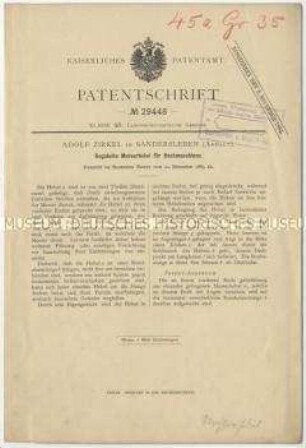 Patentschrift eines gegabelten Messerhebels für Hackmaschinen, Patent-Nr. 29448