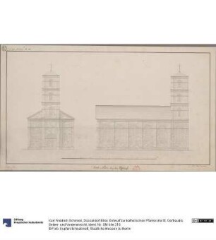 Düsseldorf-Eller. Entwurf zur katholischen Pfarrkirche St. Gertraudis. Seiten- und Vorderansicht