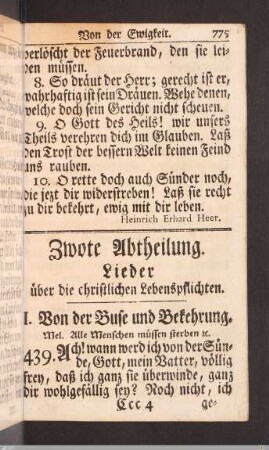 Zwote Abtheilung. Lieder über die christlichen Lebenspflichten.