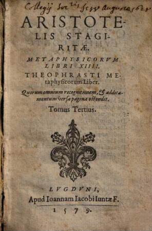 Aristotelis Stagiritae, Metaphysicorvm Libri XIIII., 3