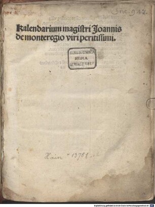 Kalendarium : [mit Gedicht auf das Werk ‘Aureus hic liber est ...’]
